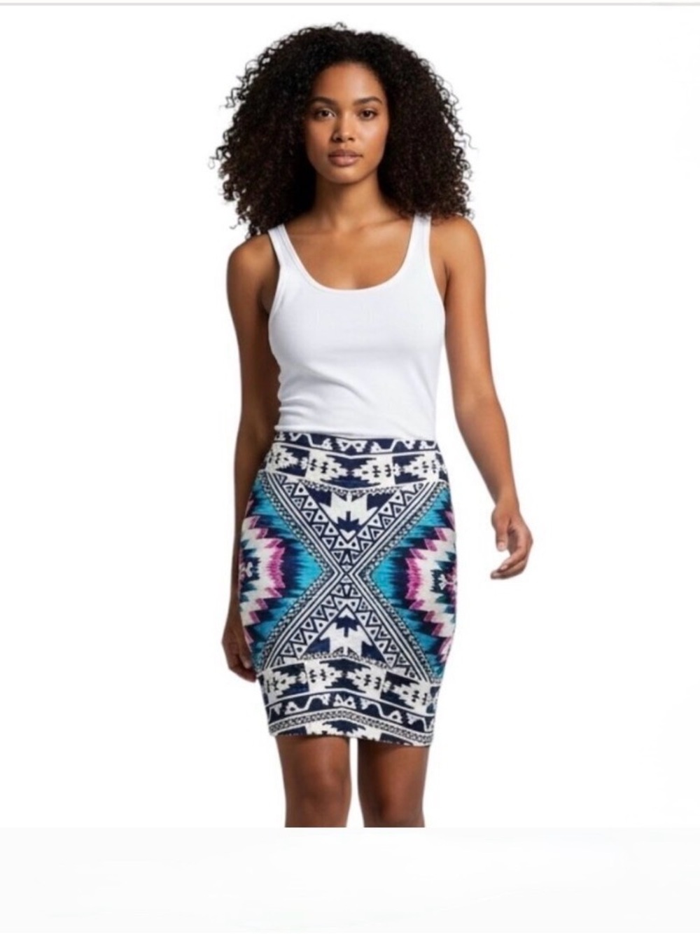 Xhilaration Navy Pencil Skirt with Teal & Pink Aztec Pattern